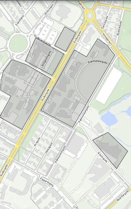 Map of University of Iceland campus, where passers-by can expect to be in the field of view of security cameras.