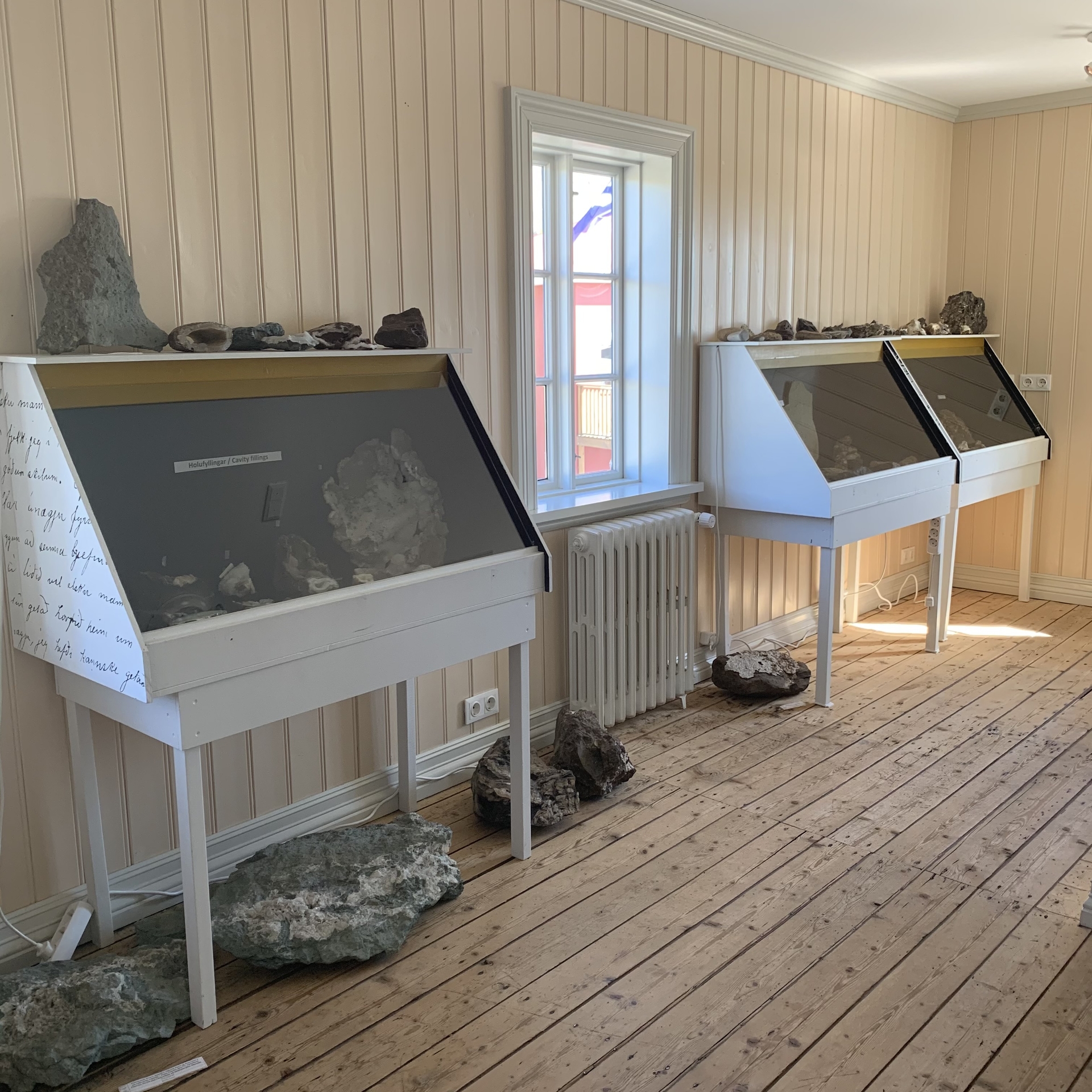 The diversity of minerals and rocks in East Iceland is featured in these display cases