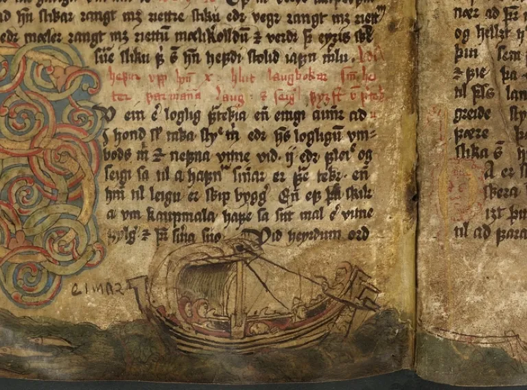 Old manuscript with picture of a sailing ship