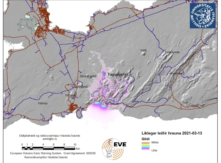 A map of Reykjanes showing potential lava flows in the event of a volcanic eruption
