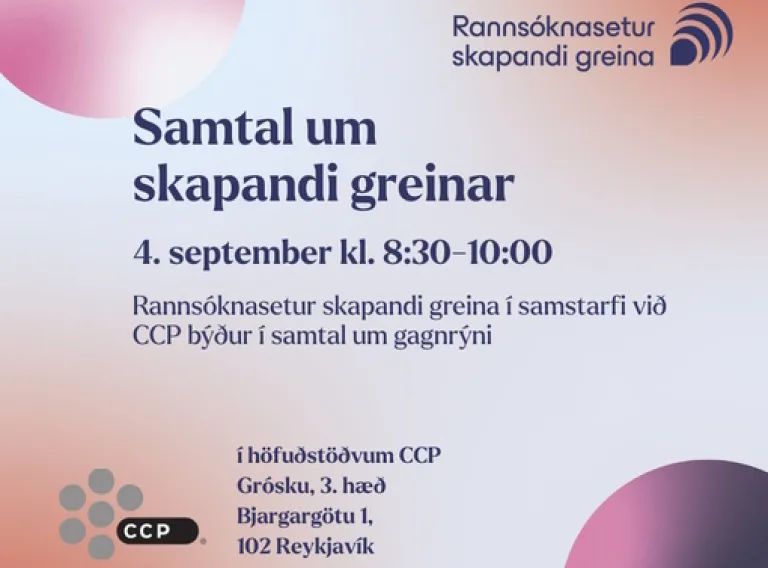 The next meeting of the The Creative Industries Research Center (RSG) will take place on Thursday, September 4, 2025, from 8:30 AM to 10:00 AM at the CCP offices in Gróska, 3rd floor, at Bjargargata 1, 102 Reykjavik. The theme of this meeting is Criticism, and the moderator will be Erla Rún Guðmundsdóttir, director of RSG. The Creative Industries Research Center: Criticism