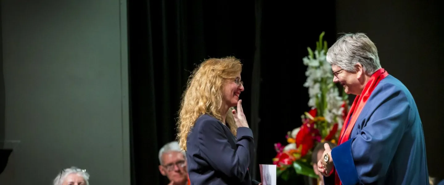 Eyrún Ólafsdóttir receiving her diploma from Jónína Vala Krististinsdóttir, Dean of the Faculty of Education and Pedagogy at the Graduation Ceremony 22 June 2019.