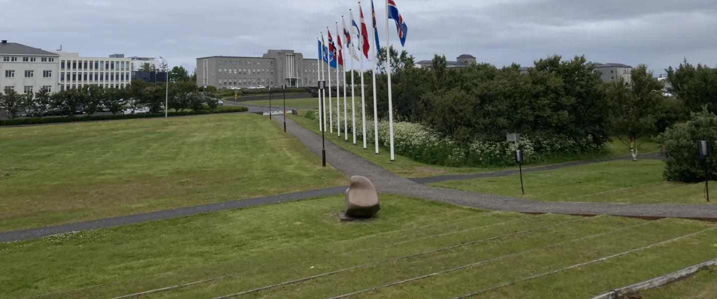 Nordic flags outside of the Nordic House in Reykjavík