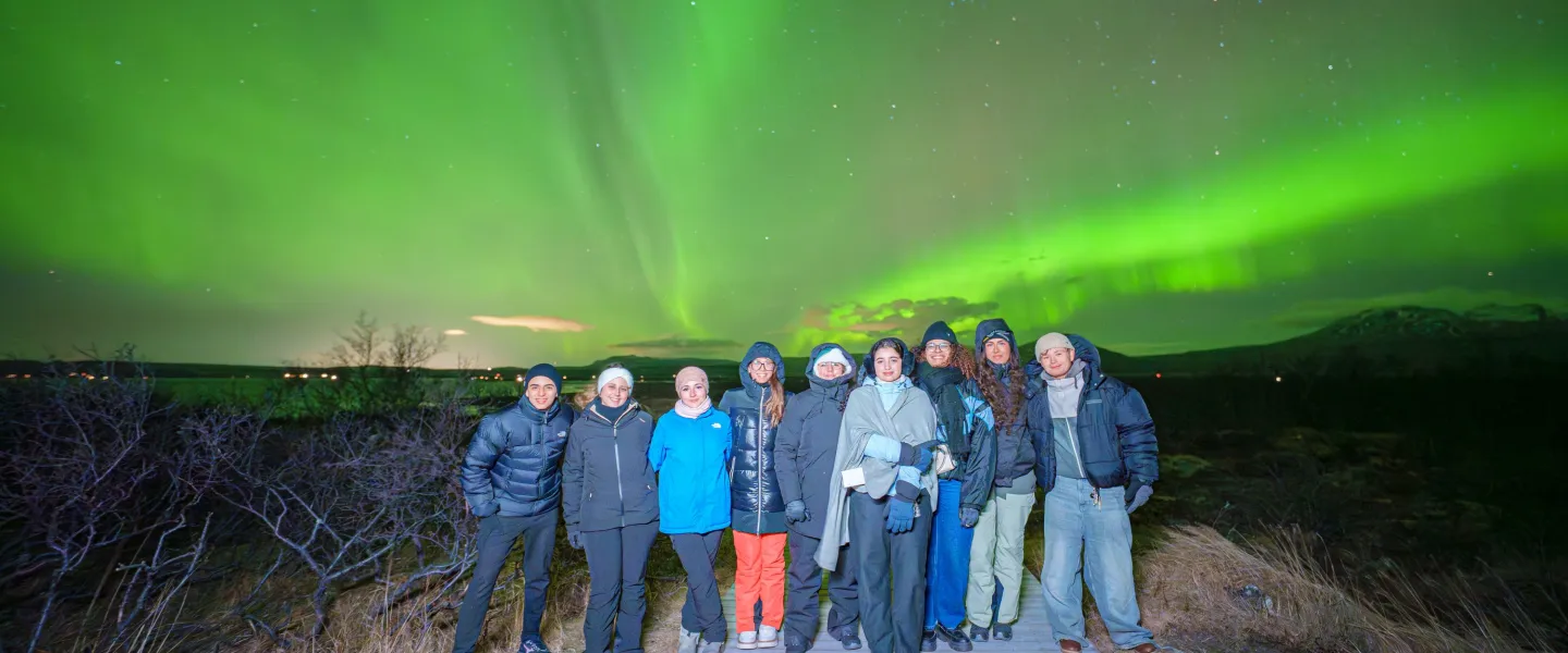 Aurora students standing outside under northern lights.