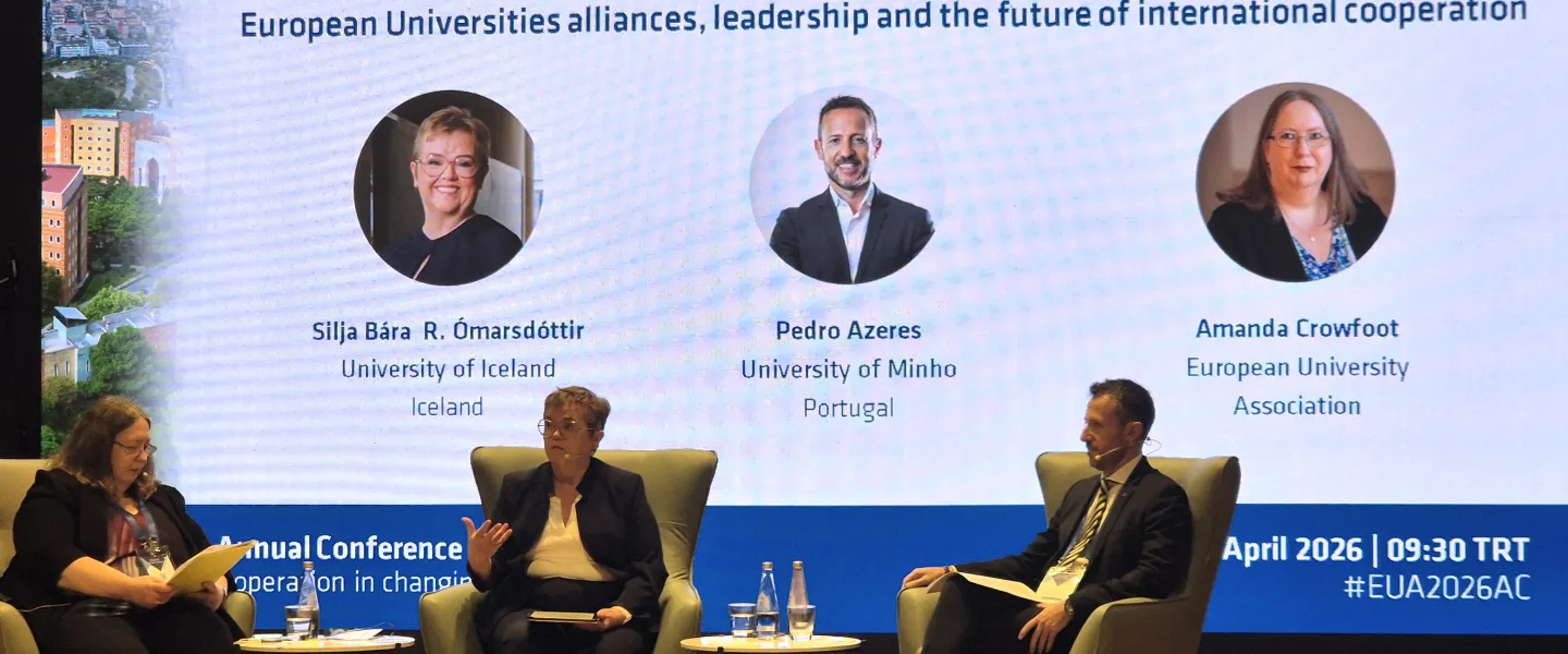 Silja Bára R. Ómarsdóttir, Rector of UI, taking part in a plenary session at a EUA conference.