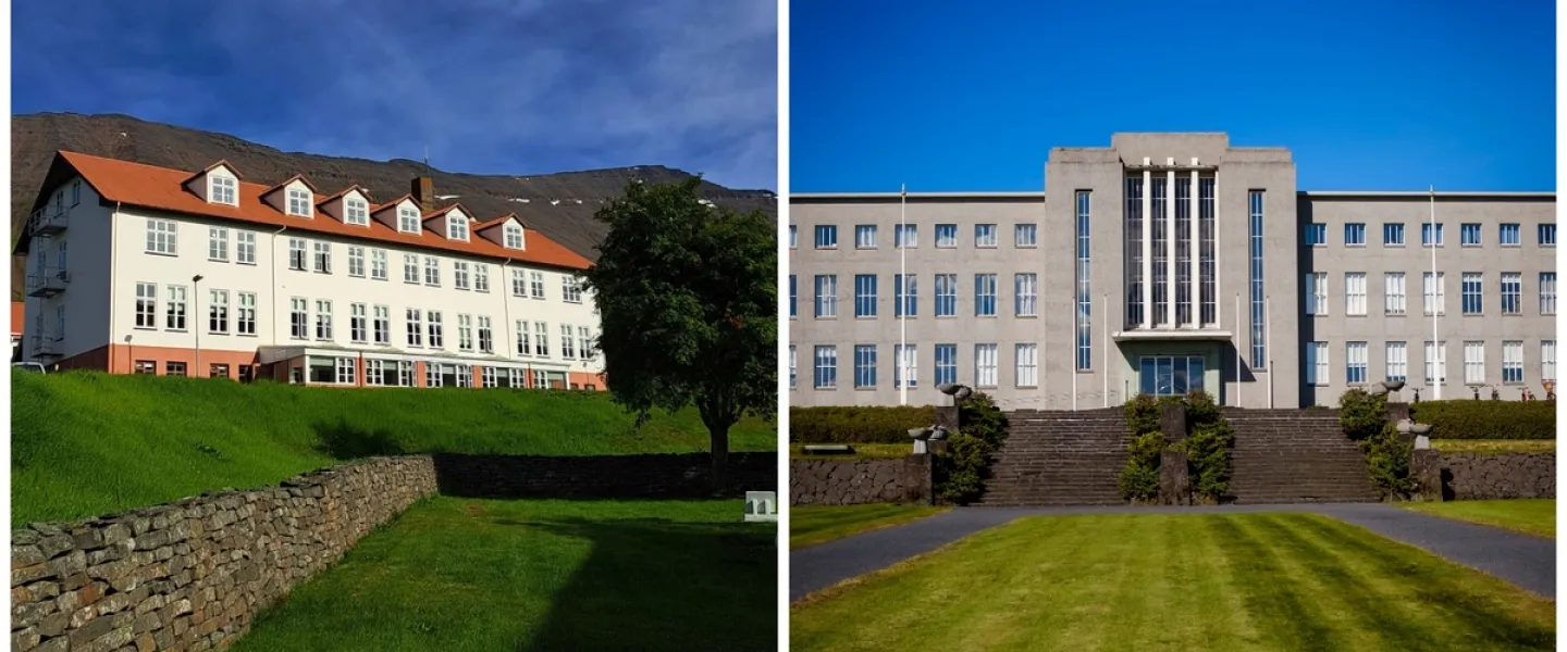 Samsett mynd af aðalbyggingum Hóla og HÍ