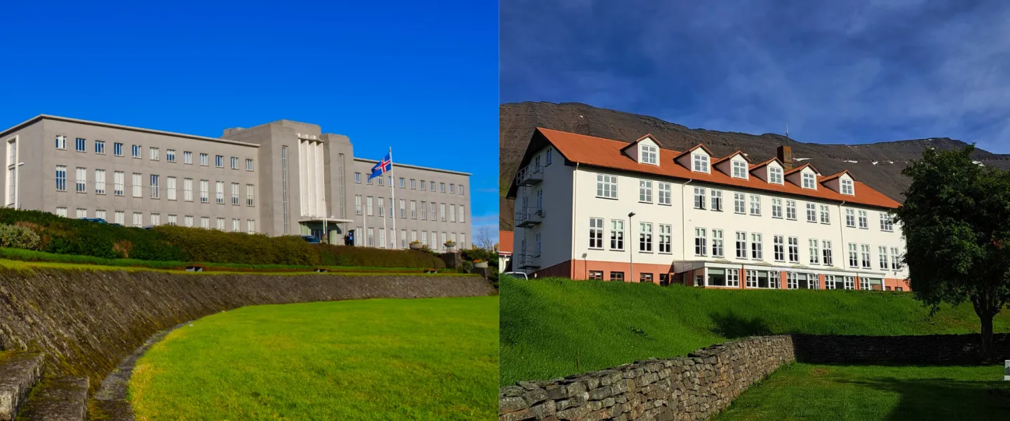 The main buildings of the University of Iceland and Hólar University College.
