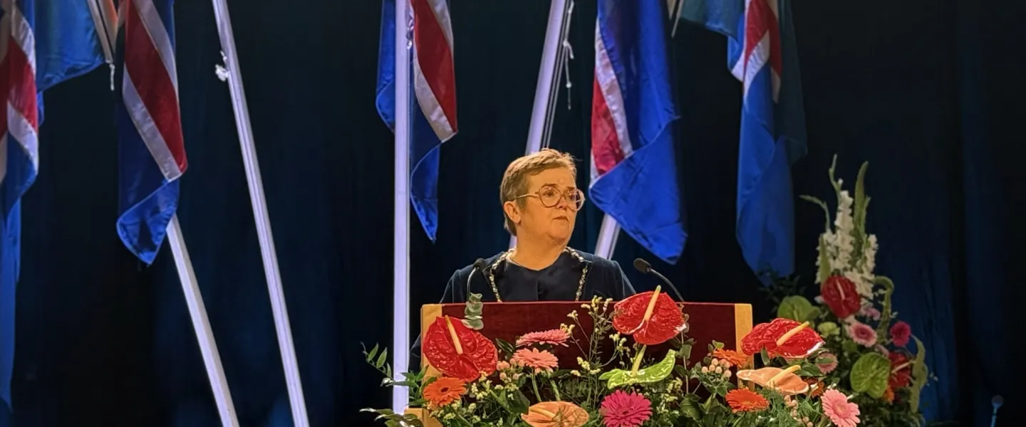 Silja Bára R. Ómarsdóttir, the Rector of UI, delivers an address at the graduation ceremony.