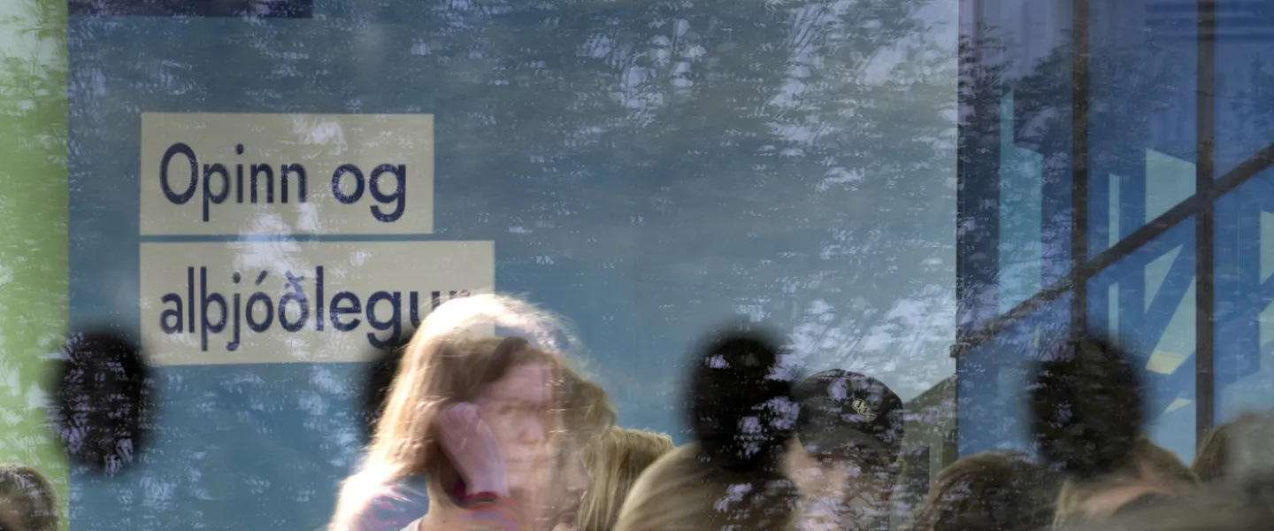 People on University centre, seen from outside the window