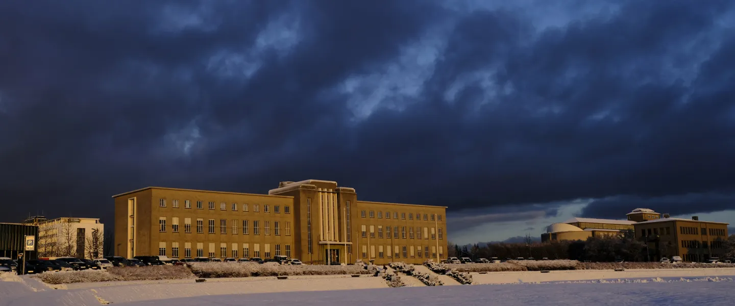 University of Iceland main building in the winter darkness