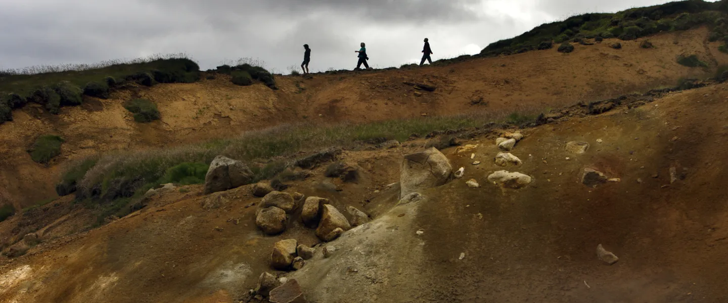 Three persons walking out in the wild nature