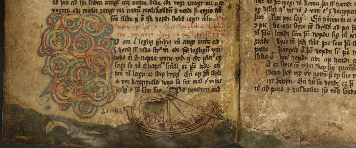 Old manuscript with picture of a sailing ship