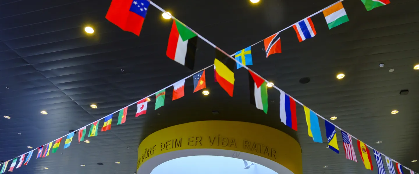 Flags in University centre, University of Iceland