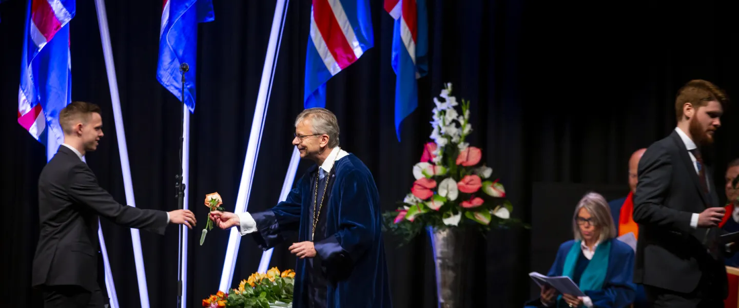 Graduation from University of Iceland. Jón Atli Benediktsson, rector, congratulating one of the candidates