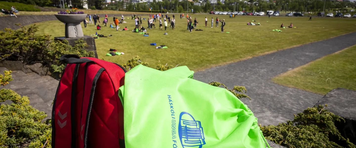 Students in the University of Youth outside University of Iceland main building
