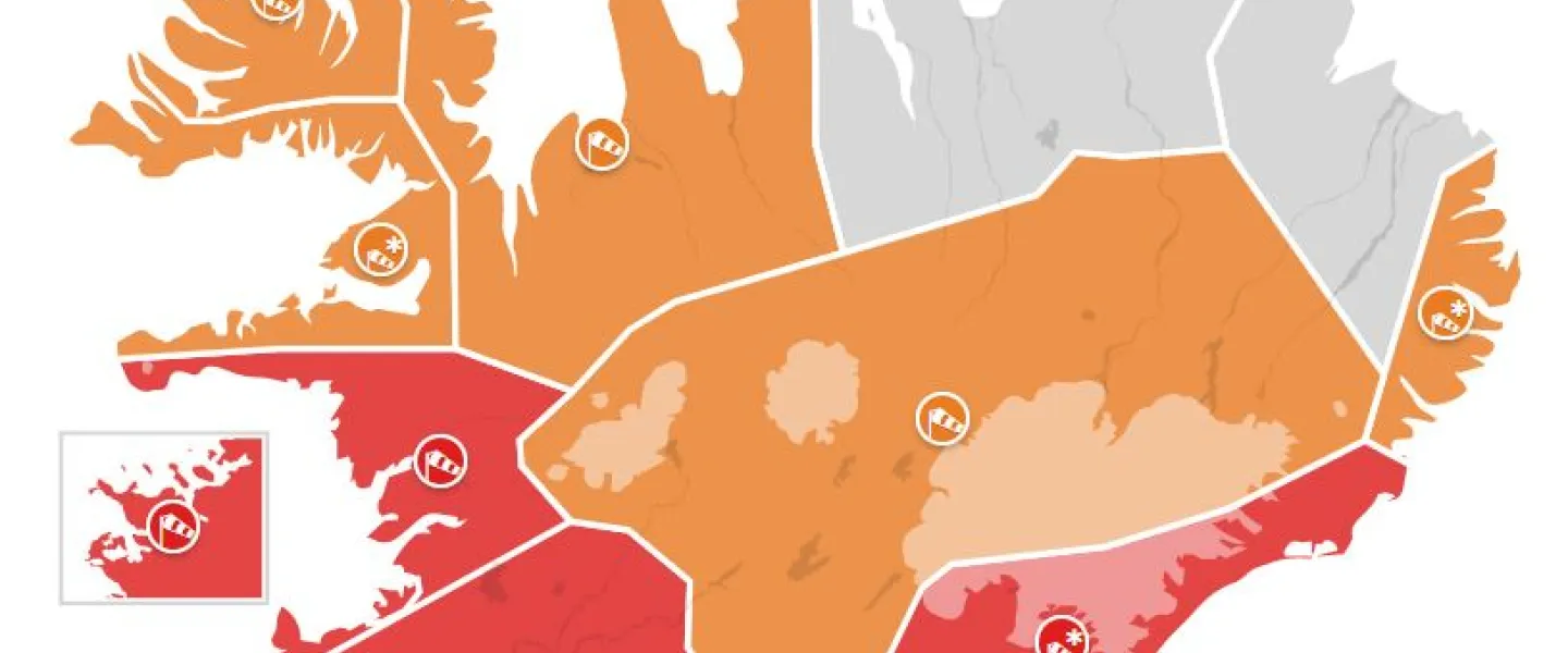 Map of Iceland showing red weather alert