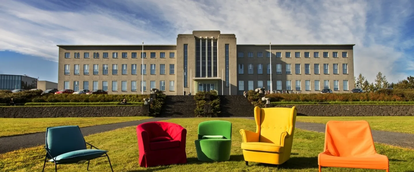 Chairs outside of university of Iceland main building
