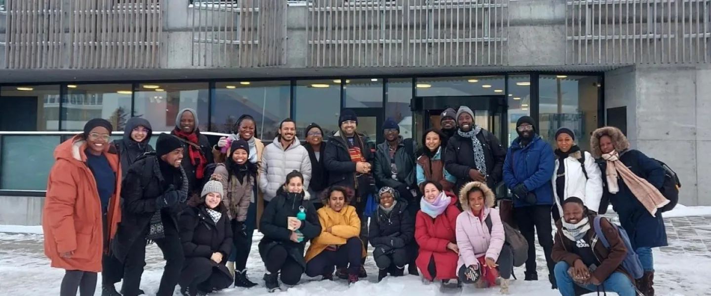 Gró gest students outside of Veröld, house of Vigdís