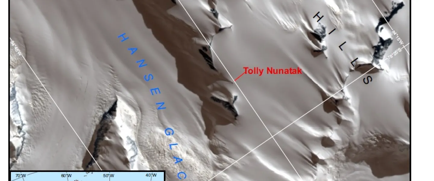 Map of the Antarctic, showing the mountain Tolly Nunatak, named after Guðfinna Aðalgeirsdóttir.