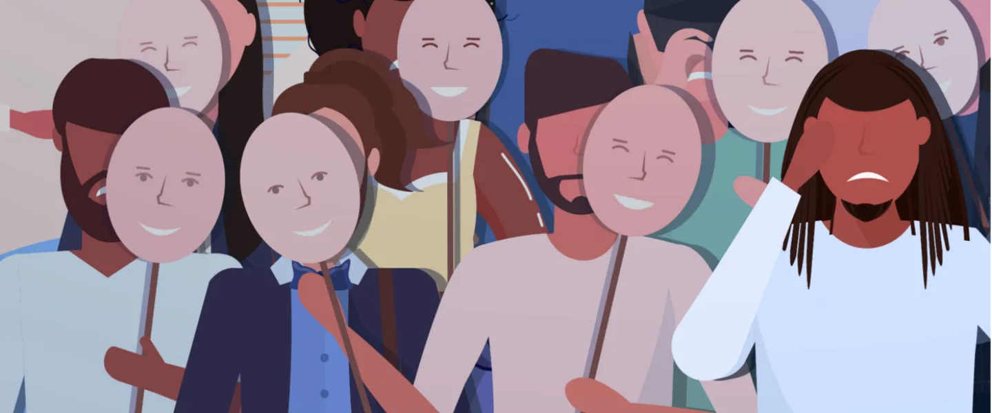 Drawing of sad people with happy masks, Men, Boys and Masculinities