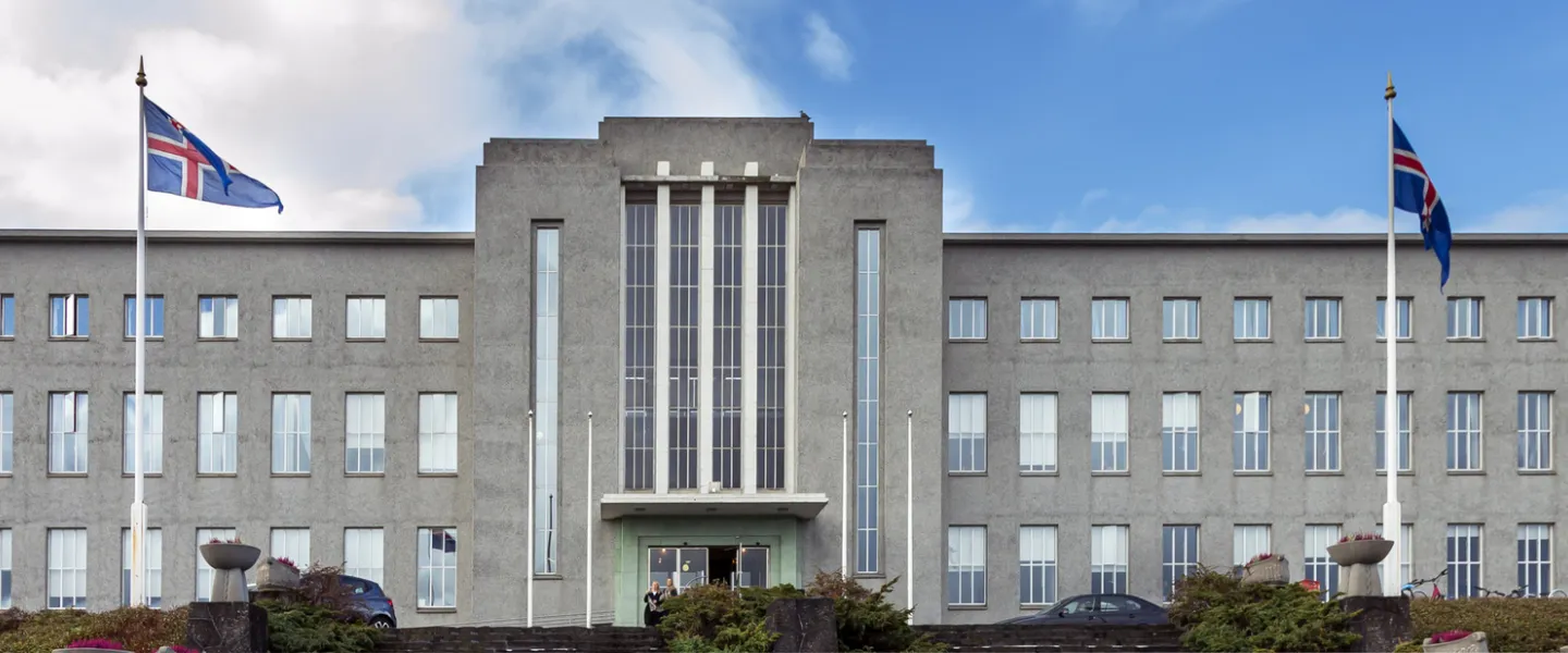 Icelandic flags outside of University of Iceland main building
