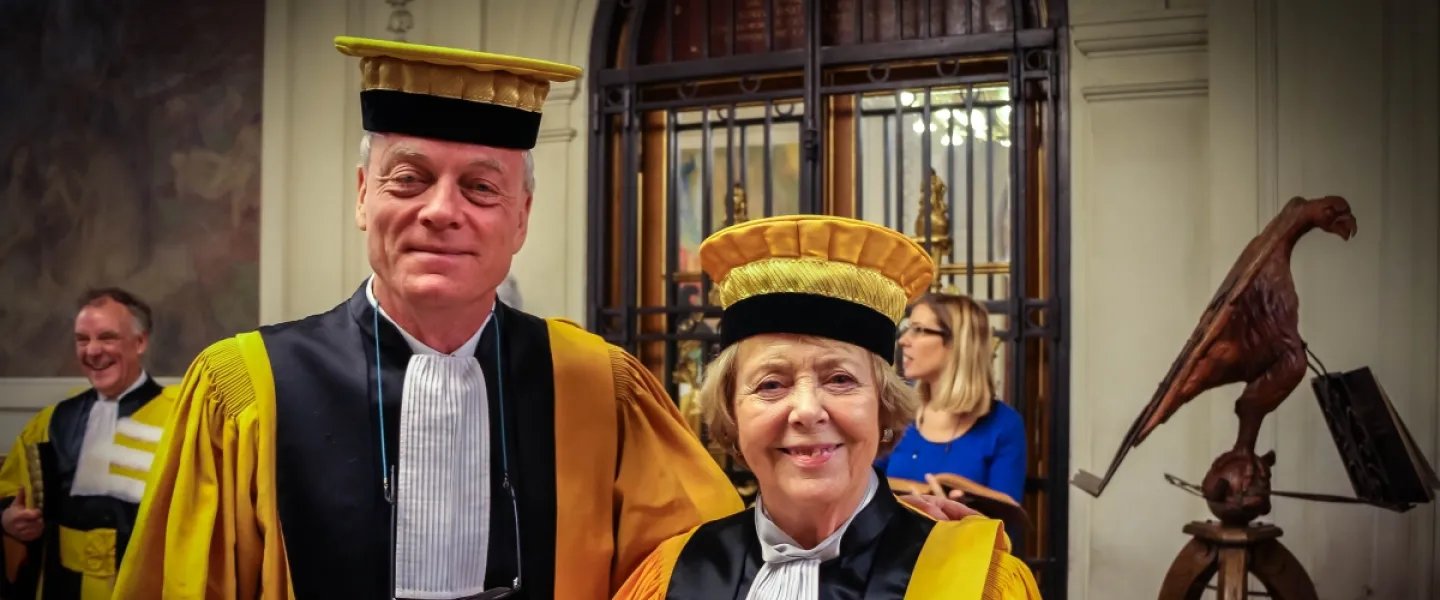 Vigdís Finnbogadóttir with Professor Karl Gadeli, who appointed her as Doctor Honoris Causa.
