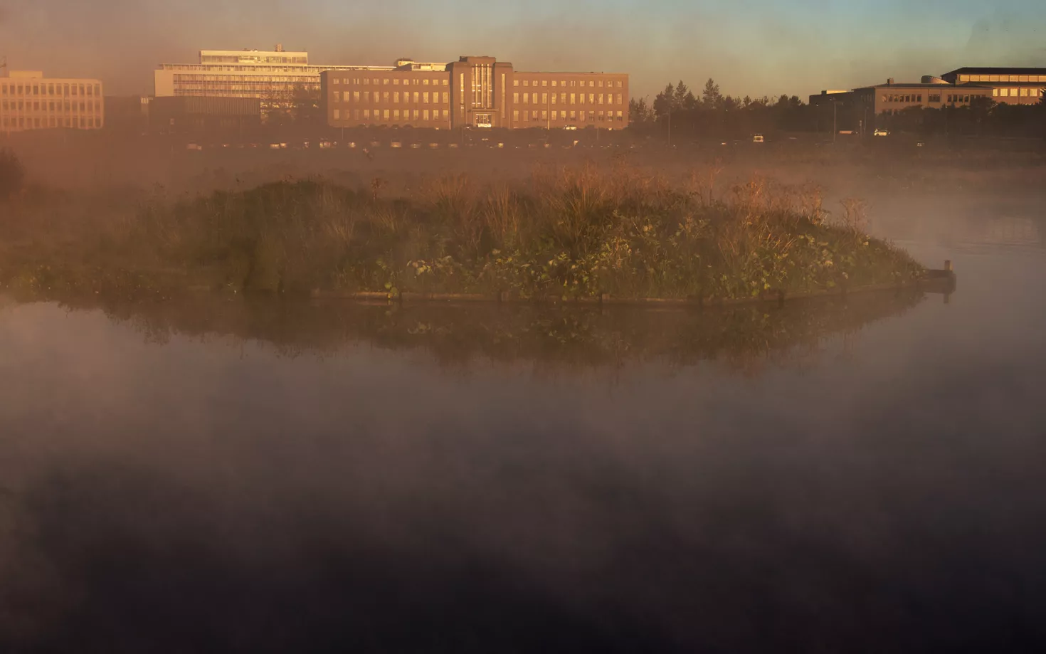 Fog in Vatnsmýri. University of Iceland main building and nearby buildings in the background