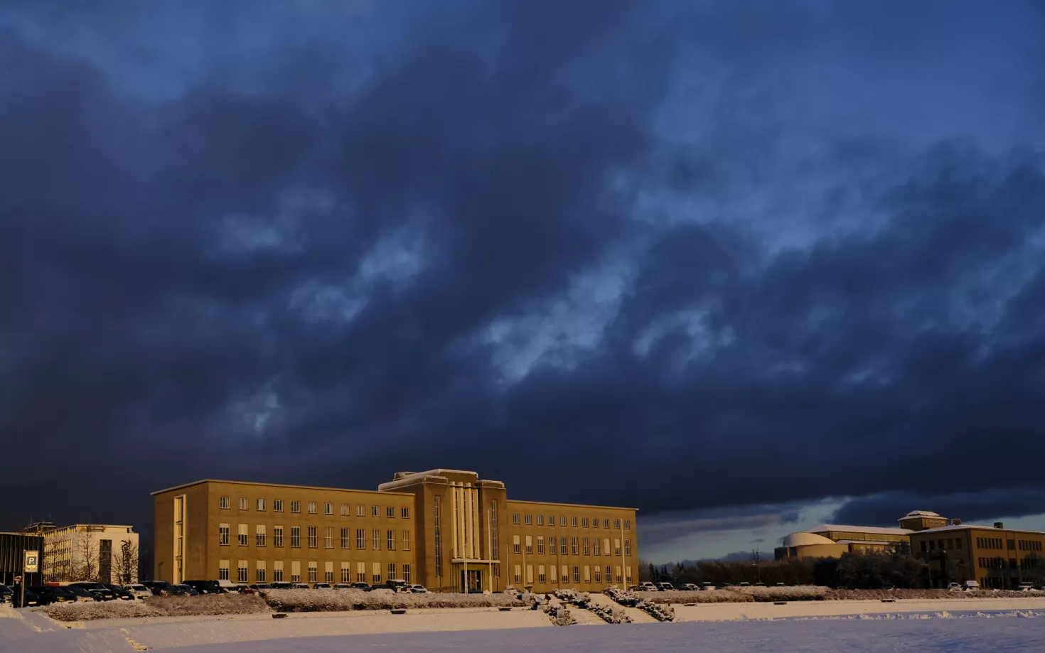 University of Iceland main building in the winter darkness