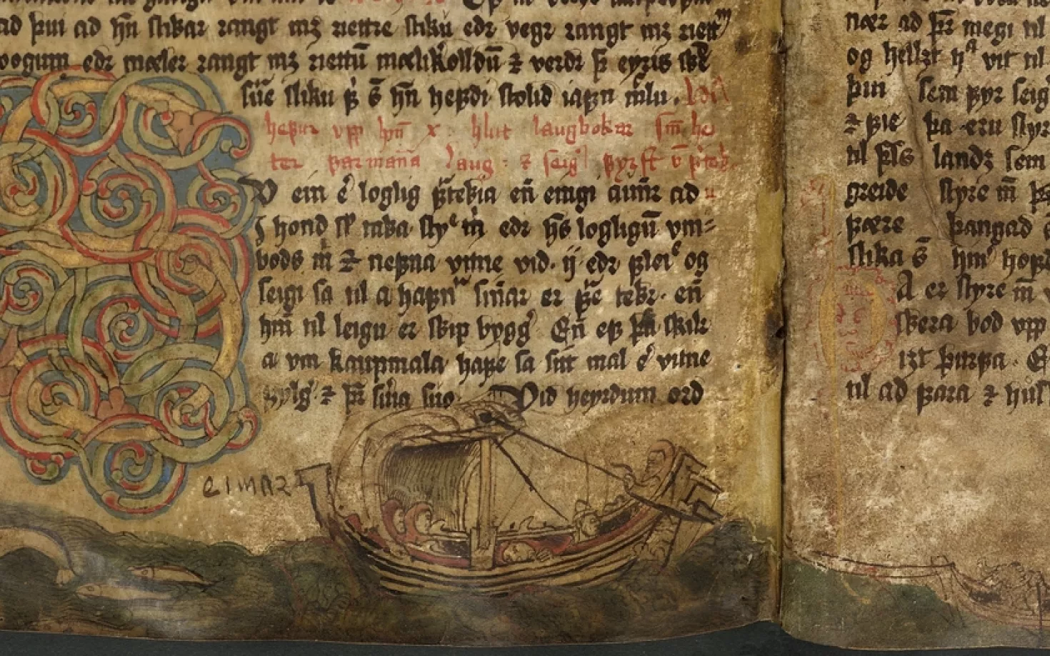 Old manuscript with picture of a sailing ship