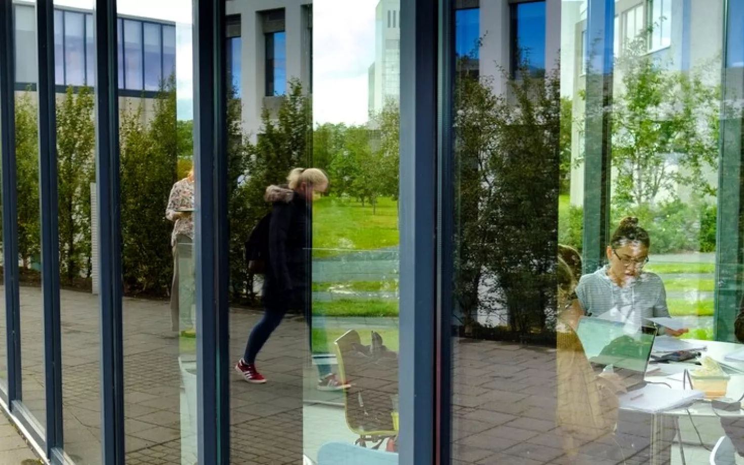 People at University centre, seen from outside
