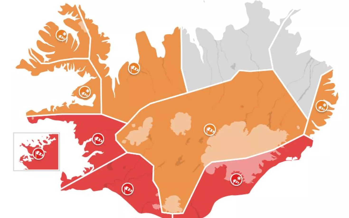 Map of Iceland showing red weather alert