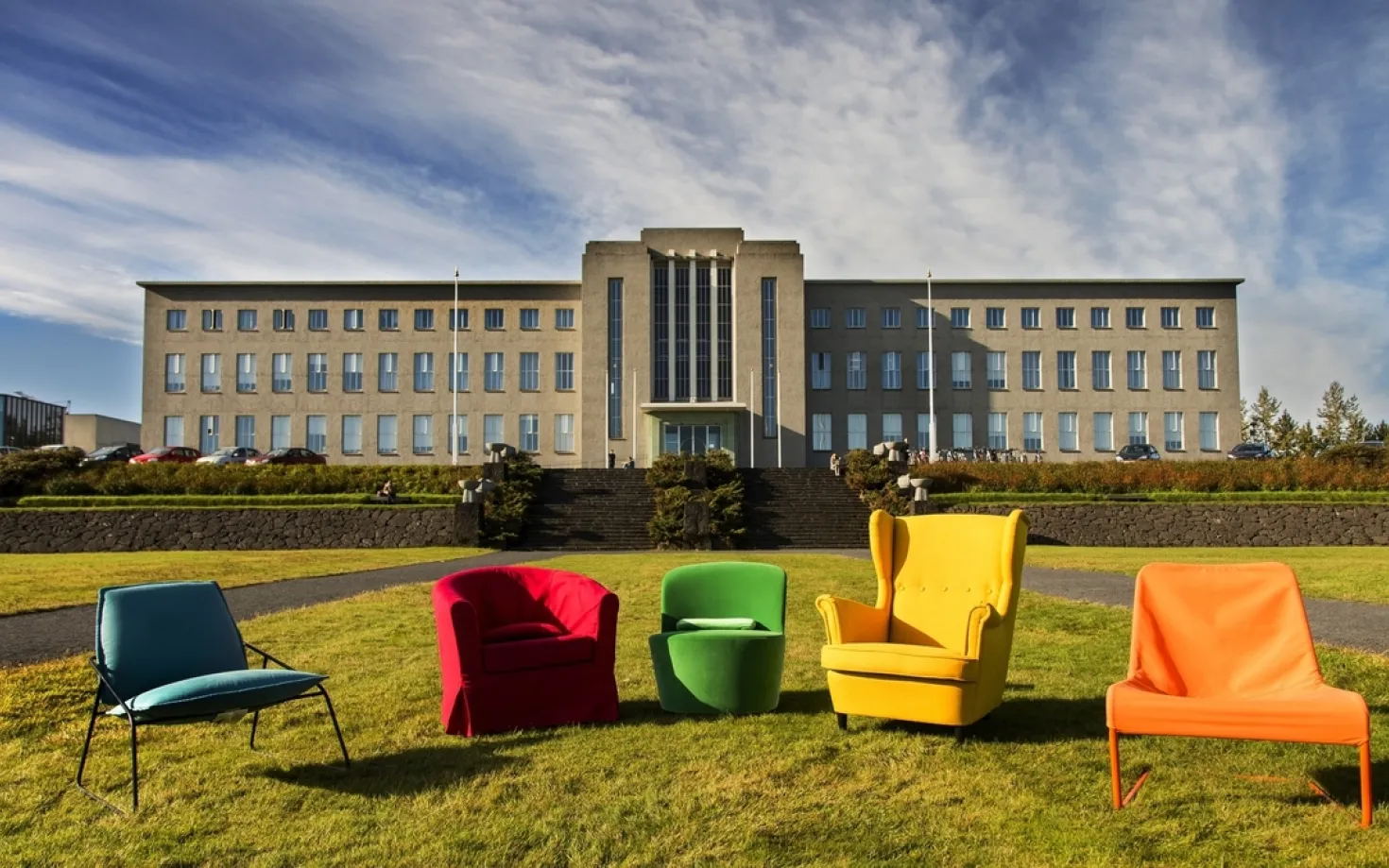 Chairs outside of university of Iceland main building