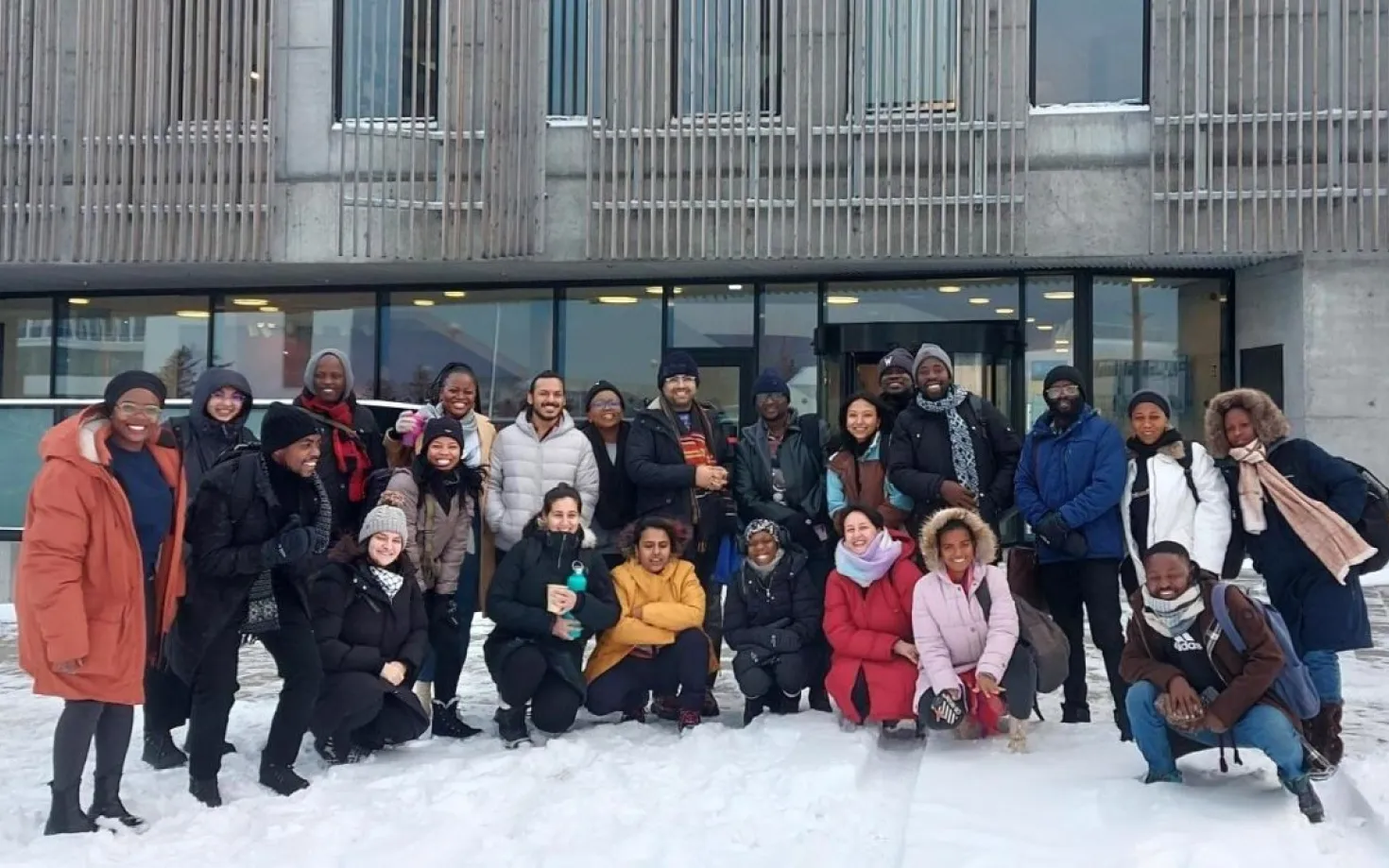 Gró gest students outside of Veröld, house of Vigdís
