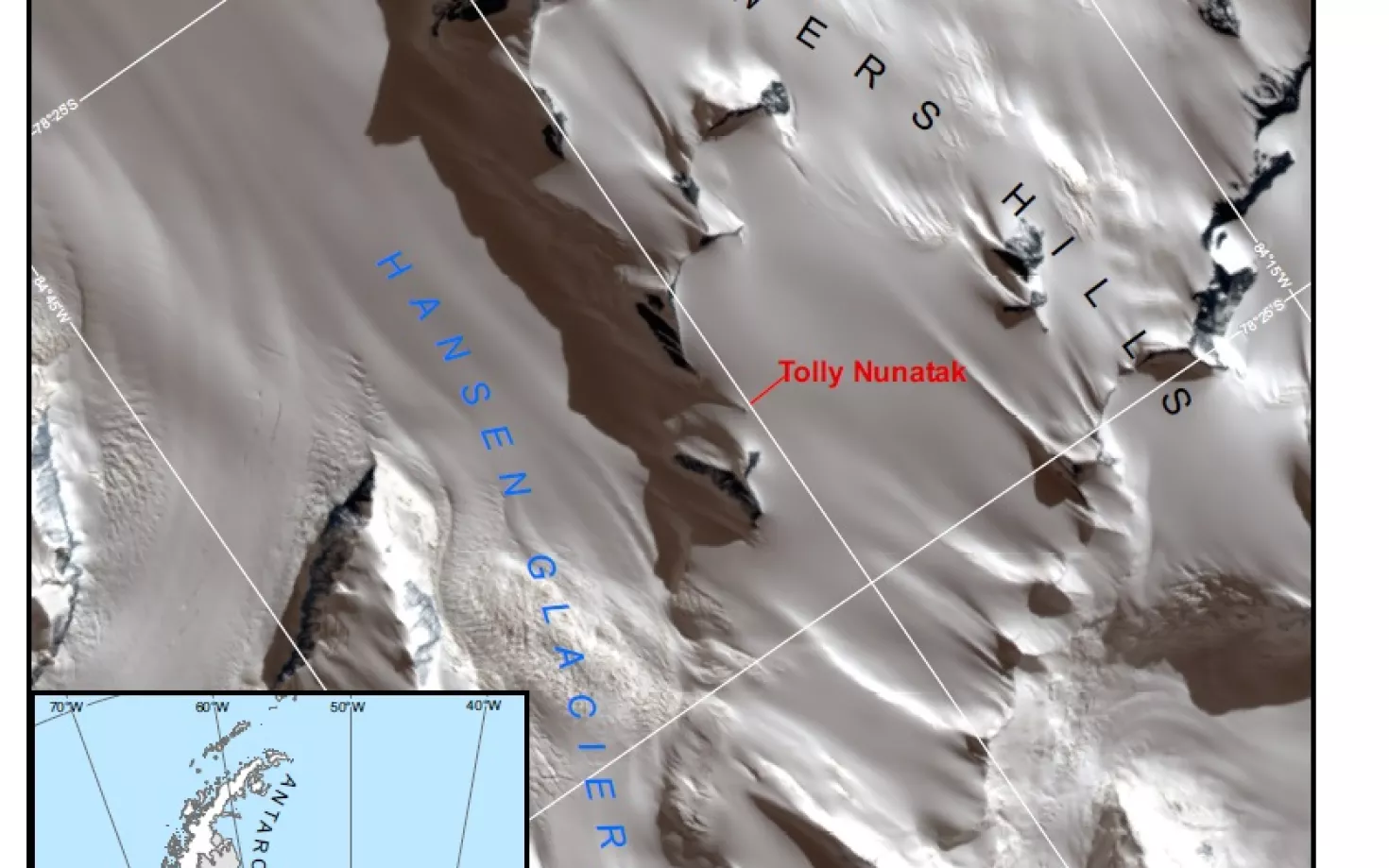 Map of the Antarctic, showing the mountain Tolly Nunatak, named after Guðfinna Aðalgeirsdóttir.