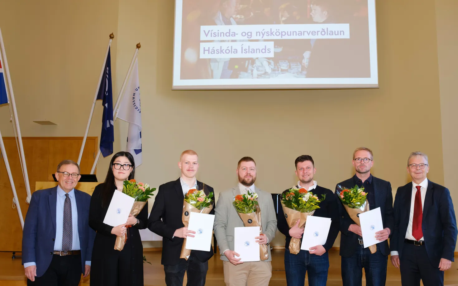 Receipients of University of Iceland Science and Innovation Award 2024, along with Kristinn Andersen and Jón Atli Benediktsson