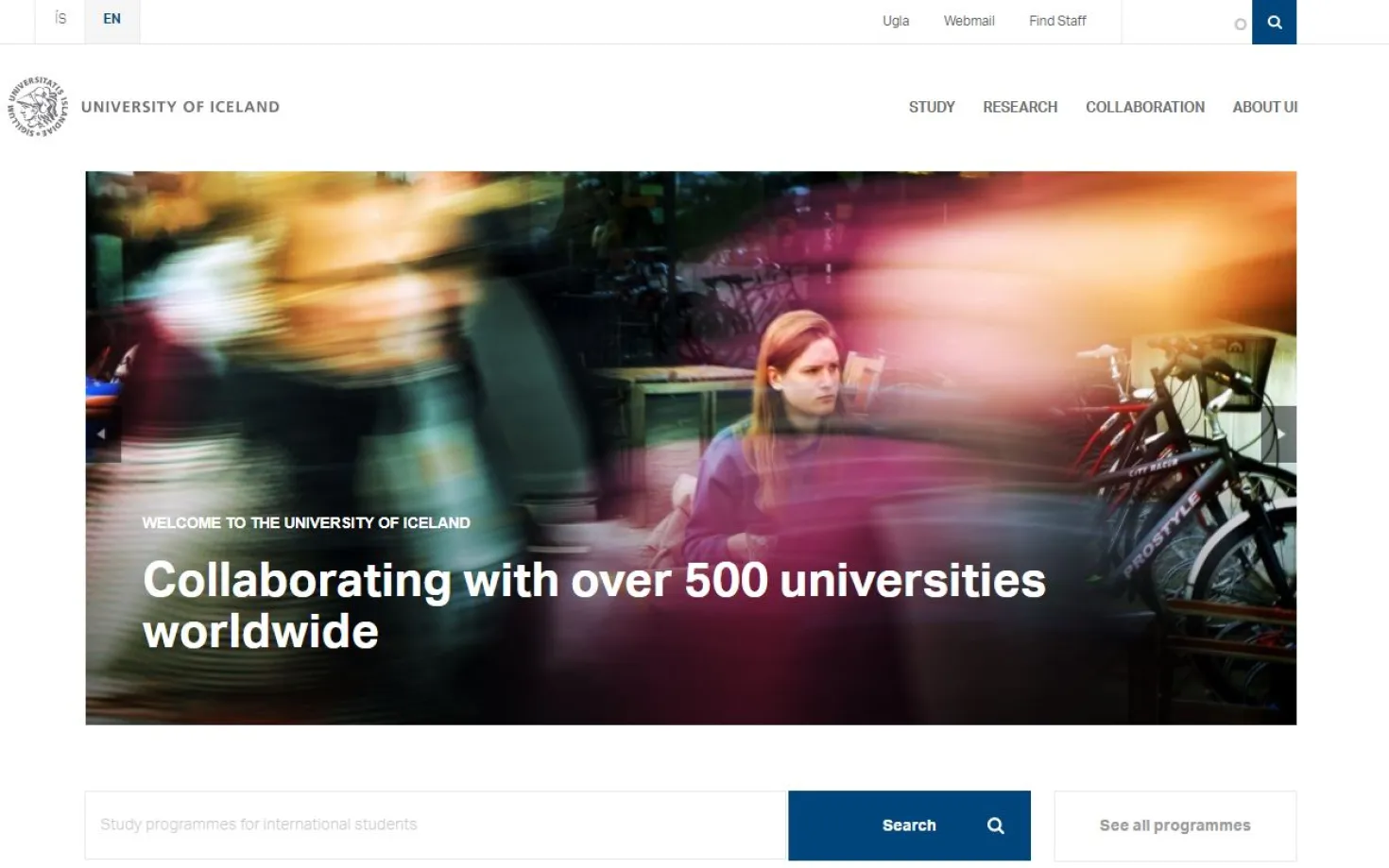 Screenshot of University's new english web page, 23 March 2018.
