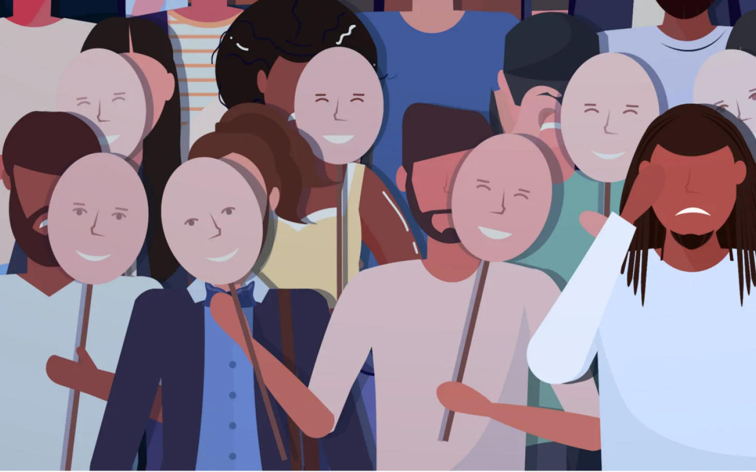 Drawing of sad people with happy masks, Men, Boys and Masculinities