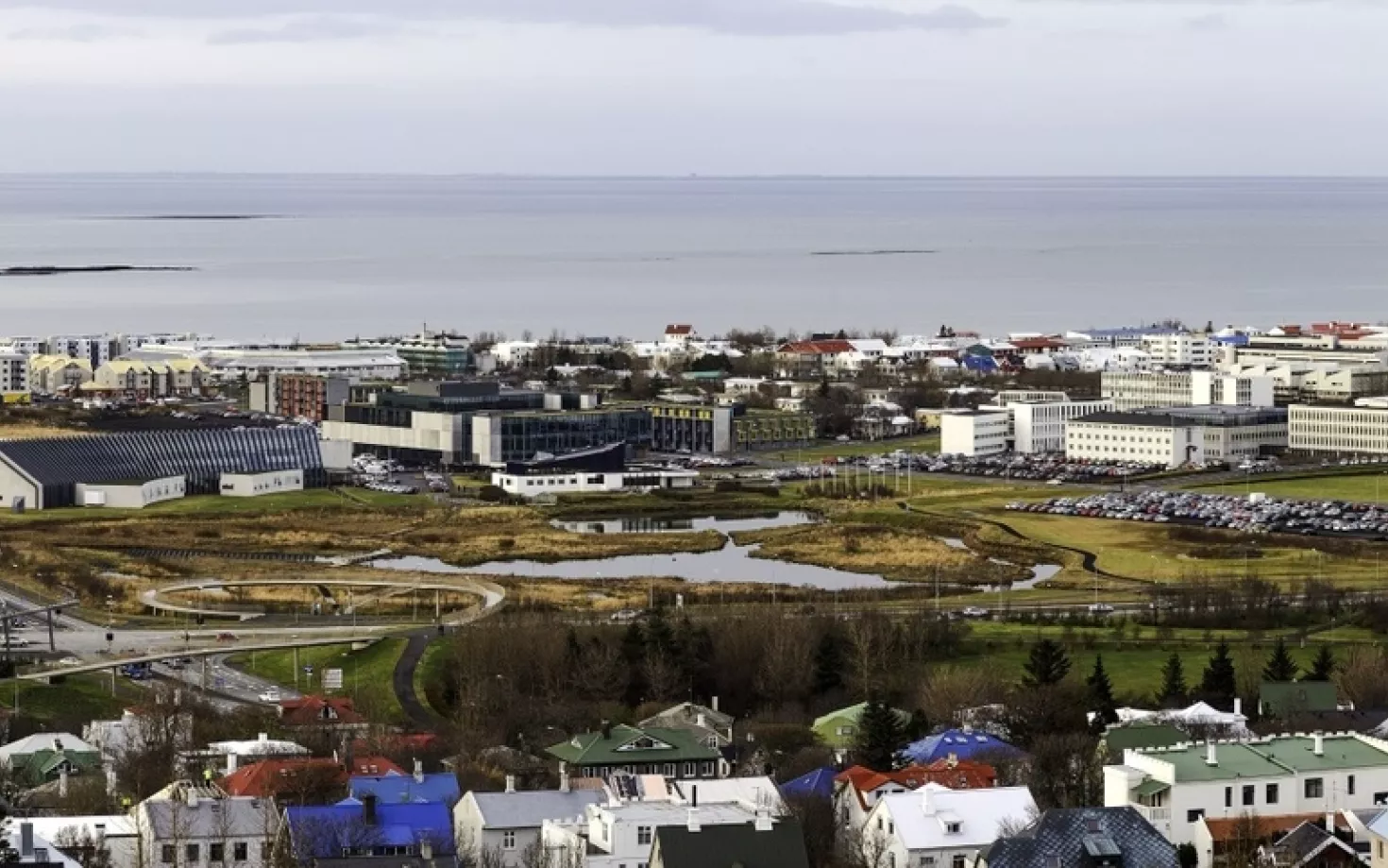Aerial view of University of Iceland campus, from Hallgrímskirkja
