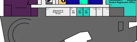 Yfirlitsmynd af háskólatorgi þriðja hæð