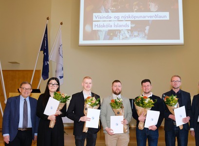The winners with rector and the chair of the evaluation committee. image/Kristinn Ingvarsson
