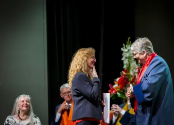 Eyrún Ólafsdóttir receiving her diploma from Jónína Vala Krististinsdóttir, Dean of the Faculty of Education and Pedagogy at the Graduation Ceremony 22 June 2019.
