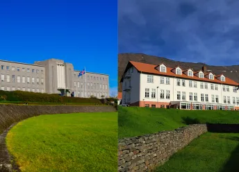 The main buildings of the University of Iceland and Hólar University College.