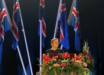 Silja Bára R. Ómarsdóttir, the Rector of UI, delivers an address at the graduation ceremony.