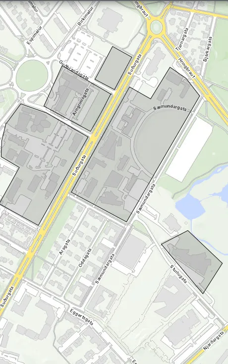 Map of University of Iceland campus, where passers-by can expect to be in the field of view of security cameras