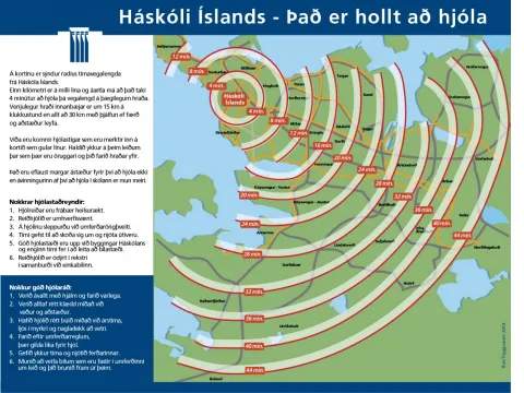 Simple map of the capital area, in Icelandic, showing how long time it takes to travel by bike. A text on the picture encourages readers to bike to the school and names few good reasons to use bike instead of a car. It also names few things to keep in mind when riding a bicycle.