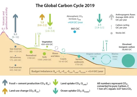 Image showing the global carbon circulation and the contribution of different sources of carbon emission. The figure comes from Dr. Solnes’ book.