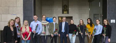 Ten of the twelve students from the University of Iceland who will study at Stanford University this summer with the rector.