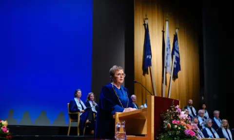 Silja Bára R. Ómarsdóttir, Rector of the University of Iceland, giving an address at the graduation ceremony.