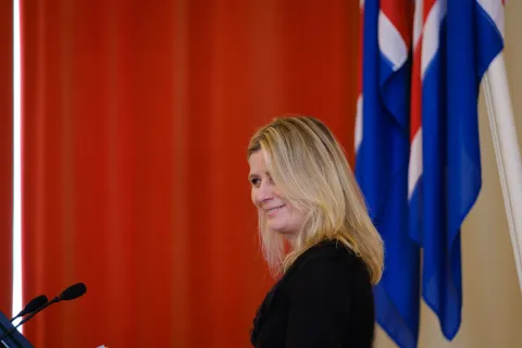 Irma Erlingsdóttir delivering a speech at the meeting.