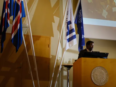 Yeshiwas Degu Belay delivering the keynote speech.